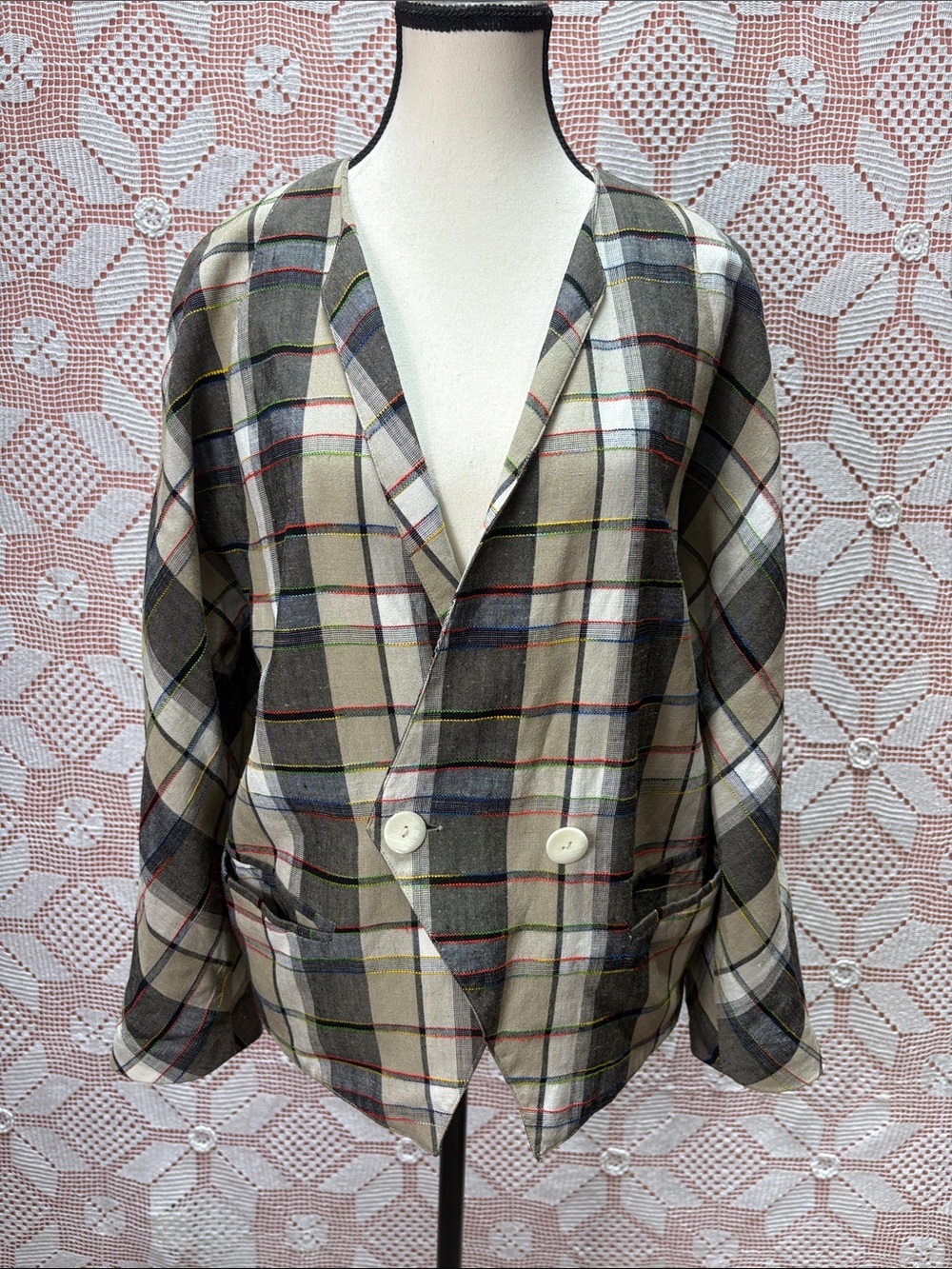 Vintage Simon Chang Plaid Linen Blend Jacket Sz 8